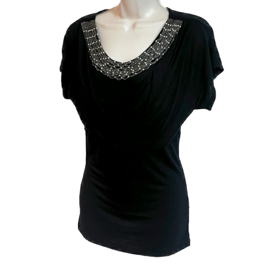Charlotte Russe Vintage Beaded Solid Black Fitted Pullover Blouse Top Small